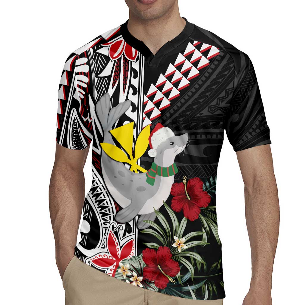 Hawaii Monk Seal Santa Rugby Jersey Hibiscus Kakau Pattern Mele Kalikimaka LT9 - Polynesian Pride