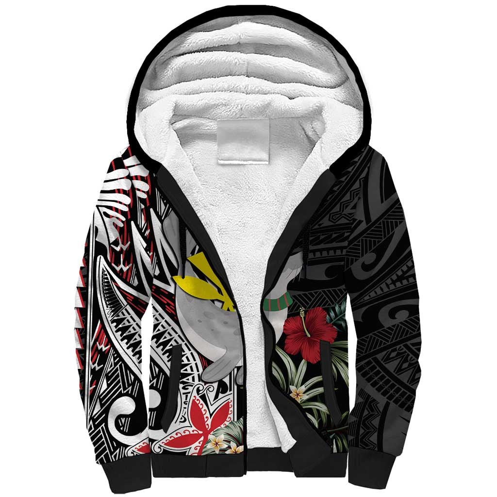 Hawaii Monk Seal Santa Sherpa Hoodie Hibiscus Kakau Pattern Mele Kalikimaka LT9 Unisex Black - Polynesian Pride