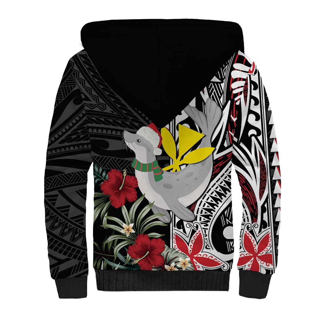 Hawaii Monk Seal Santa Sherpa Hoodie Hibiscus Kakau Pattern Mele Kalikimaka LT9 - Polynesian Pride