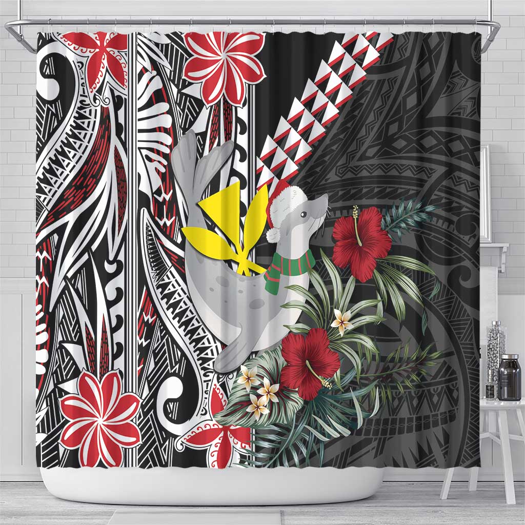 Hawaii Monk Seal Santa Shower Curtain Hibiscus Kakau Pattern Mele Kalikimaka