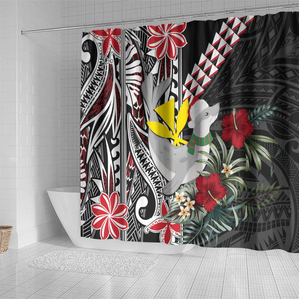 Hawaii Monk Seal Santa Shower Curtain Hibiscus Kakau Pattern Mele Kalikimaka