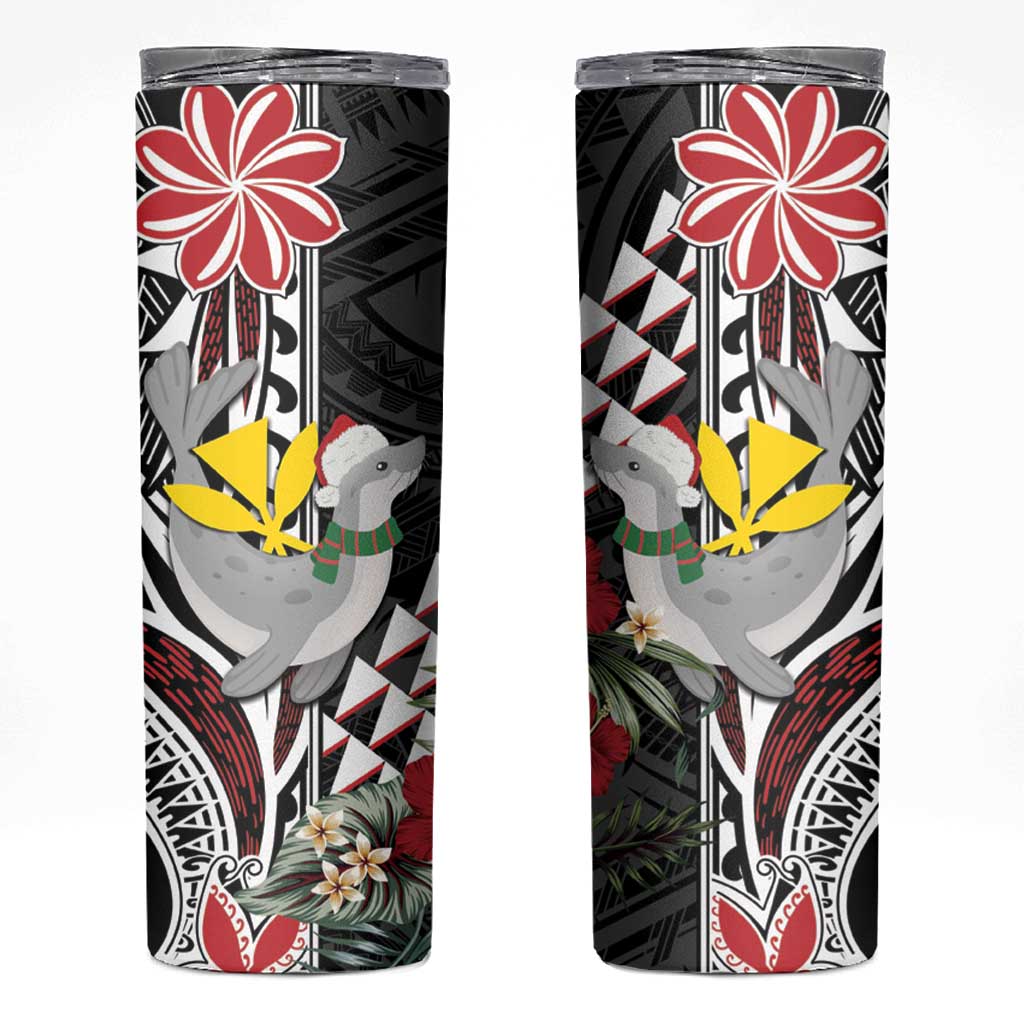 Hawaii Monk Seal Santa Skinny Tumbler Hibiscus Kakau Pattern Mele Kalikimaka