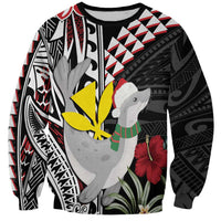Hawaii Monk Seal Santa Sweatshirt Hibiscus Kakau Pattern Mele Kalikimaka LT9 Unisex Black - Polynesian Pride