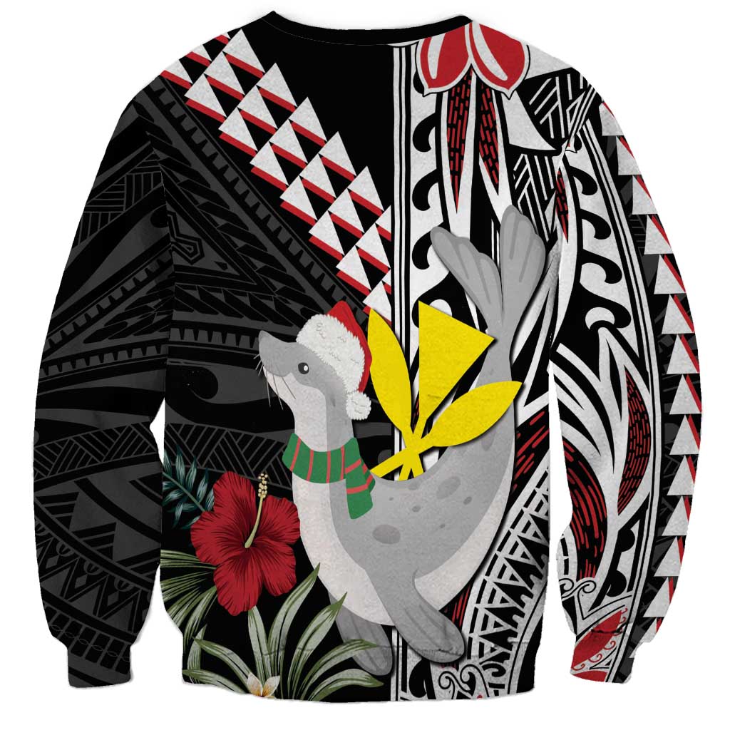 Hawaii Monk Seal Santa Sweatshirt Hibiscus Kakau Pattern Mele Kalikimaka LT9 - Polynesian Pride