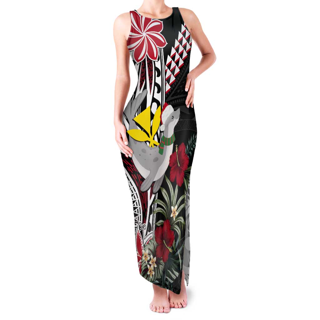 Hawaii Monk Seal Santa Tank Maxi Dress Hibiscus Kakau Pattern Mele Kalikimaka LT9 Women Black - Polynesian Pride