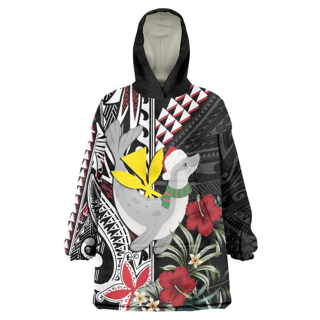 Hawaii Monk Seal Santa Wearable Blanket Hoodie Hibiscus Kakau Pattern Mele Kalikimaka LT9 One Size Black - Polynesian Pride