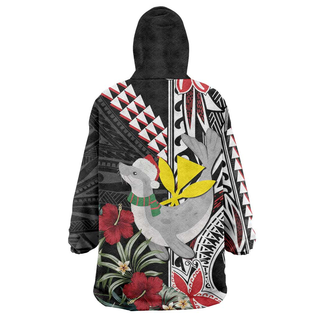 Hawaii Monk Seal Santa Wearable Blanket Hoodie Hibiscus Kakau Pattern Mele Kalikimaka LT9 - Polynesian Pride