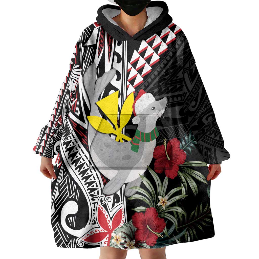 Hawaii Monk Seal Santa Wearable Blanket Hoodie Hibiscus Kakau Pattern Mele Kalikimaka LT9 - Polynesian Pride