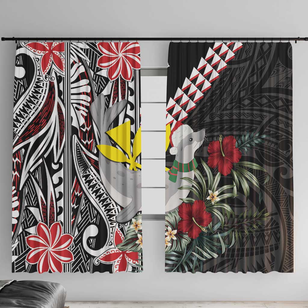Hawaii Monk Seal Santa Window Curtain Hibiscus Kakau Pattern Mele Kalikimaka LT9 With Hooks Black - Polynesian Pride