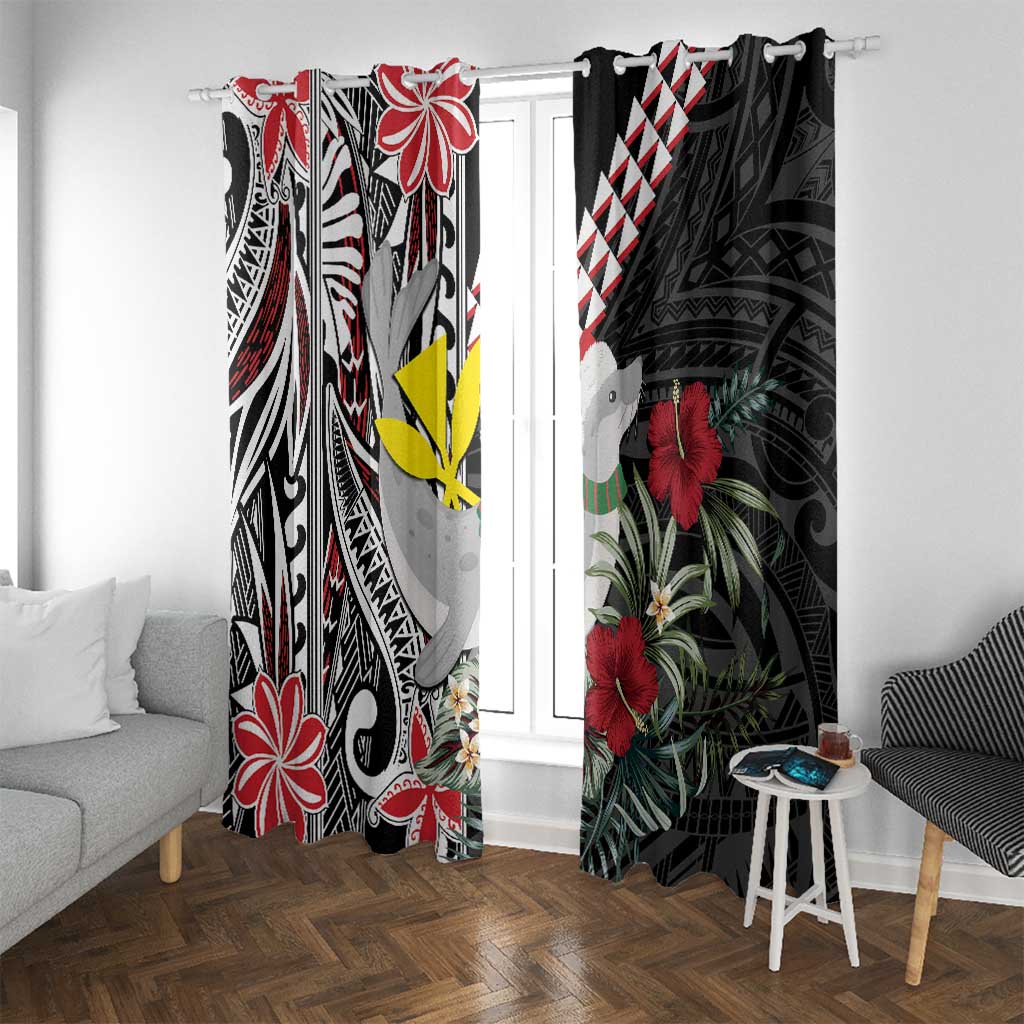 Hawaii Monk Seal Santa Window Curtain Hibiscus Kakau Pattern Mele Kalikimaka LT9 With Grommets Black - Polynesian Pride