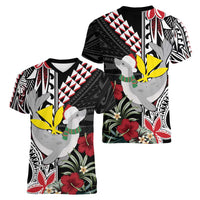 Hawaii Monk Seal Santa Women V-Neck T-Shirt Hibiscus Kakau Pattern Mele Kalikimaka LT9 - Polynesian Pride