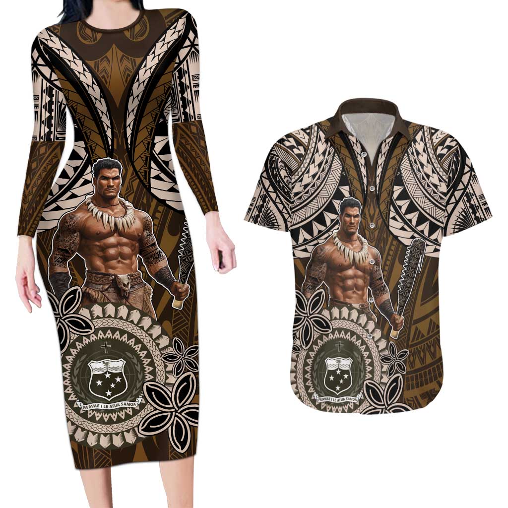 Samoa Warrior Couples Matching Long Sleeve Bodycon Dress and Hawaiian Shirt The Mighty Samoan Warrior Spirit