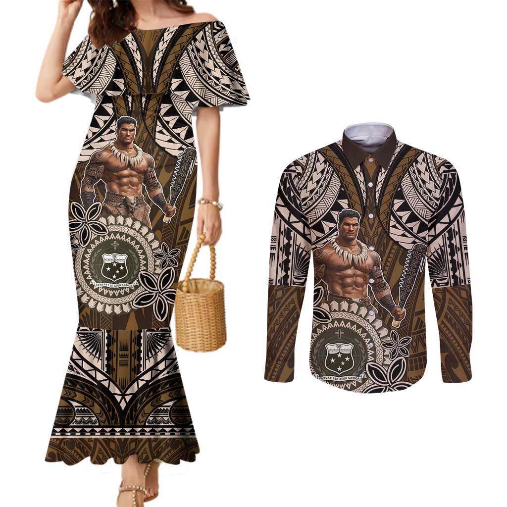Samoa Warrior Couples Matching Mermaid Dress and Long Sleeve Button Shirt The Mighty Samoan Warrior Spirit
