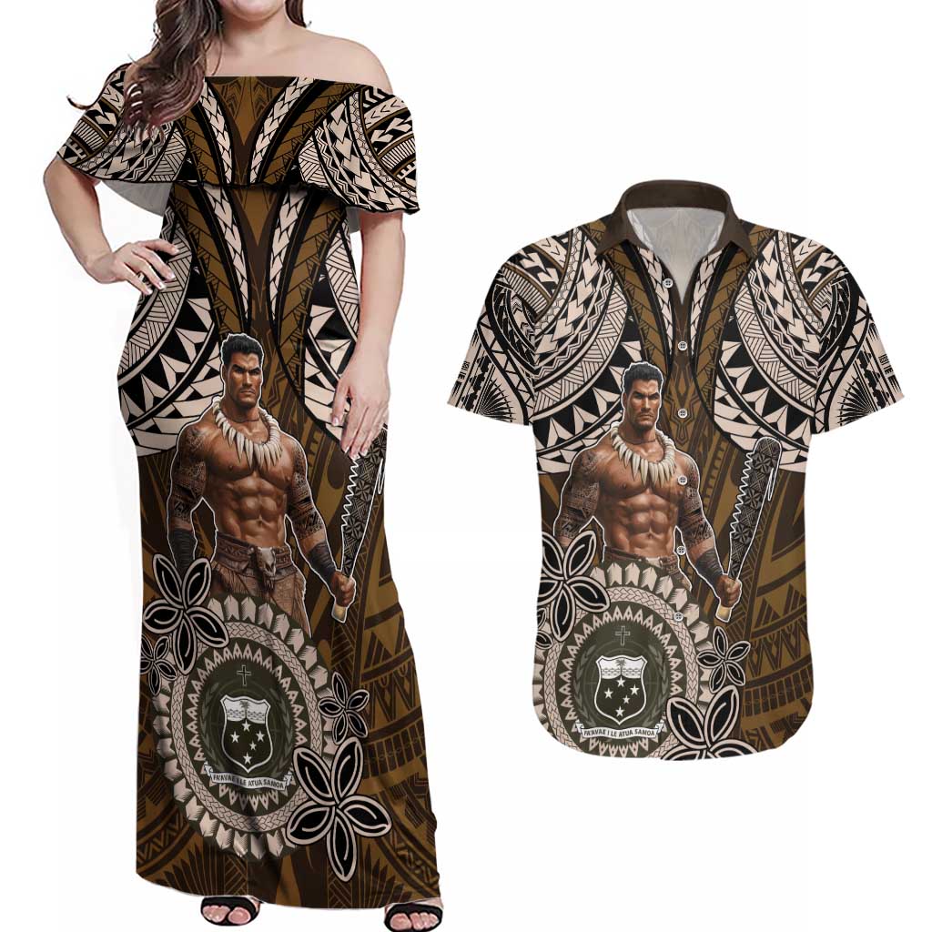 Samoa Warrior Couples Matching Off Shoulder Maxi Dress and Hawaiian Shirt The Mighty Samoan Warrior Spirit