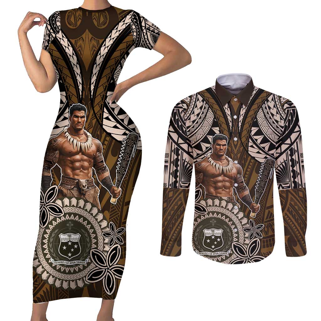 Samoa Warrior Couples Matching Short Sleeve Bodycon Dress and Long Sleeve Button Shirt The Mighty Samoan Warrior Spirit