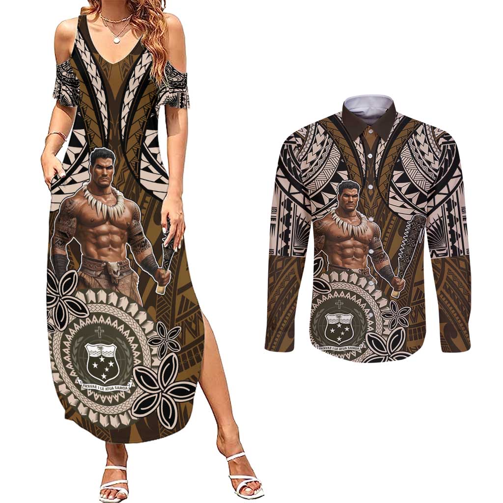 Samoa Warrior Couples Matching Summer Maxi Dress and Long Sleeve Button Shirt The Mighty Samoan Warrior Spirit