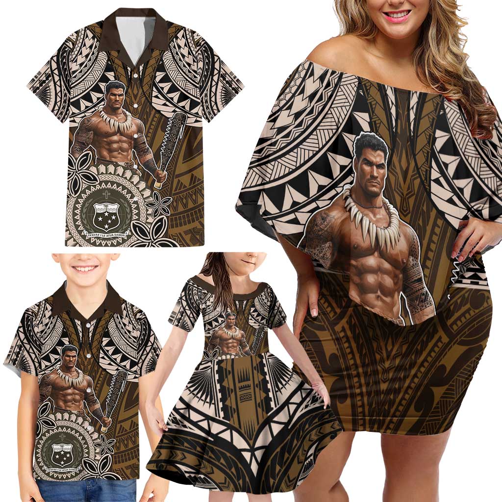 Samoa Warrior Family Matching Off Shoulder Short Dress and Hawaiian Shirt The Mighty Samoan Warrior Spirit