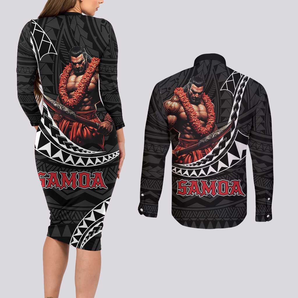 Samoan Pride Polynesian Tribal Warrior Couples Matching Long Sleeve Bodycon Dress and Long Sleeve Button Shirt 685 Samoa Mo Samoa