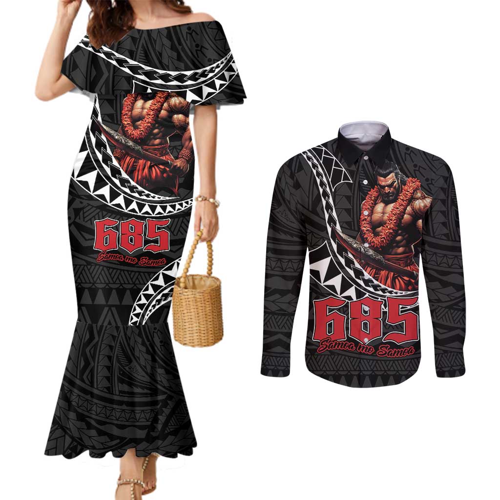 Samoan Pride Polynesian Tribal Warrior Couples Matching Mermaid Dress and Long Sleeve Button Shirt 685 Samoa Mo Samoa