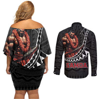 Samoan Pride Polynesian Tribal Warrior Couples Matching Off Shoulder Short Dress and Long Sleeve Button Shirt 685 Samoa Mo Samoa