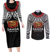 Samoan Tanoa Kava Bowl Ula Fala Couples Matching Long Sleeve Bodycon Dress and Long Sleeve Button Shirt Polynesian Tribal Vibe