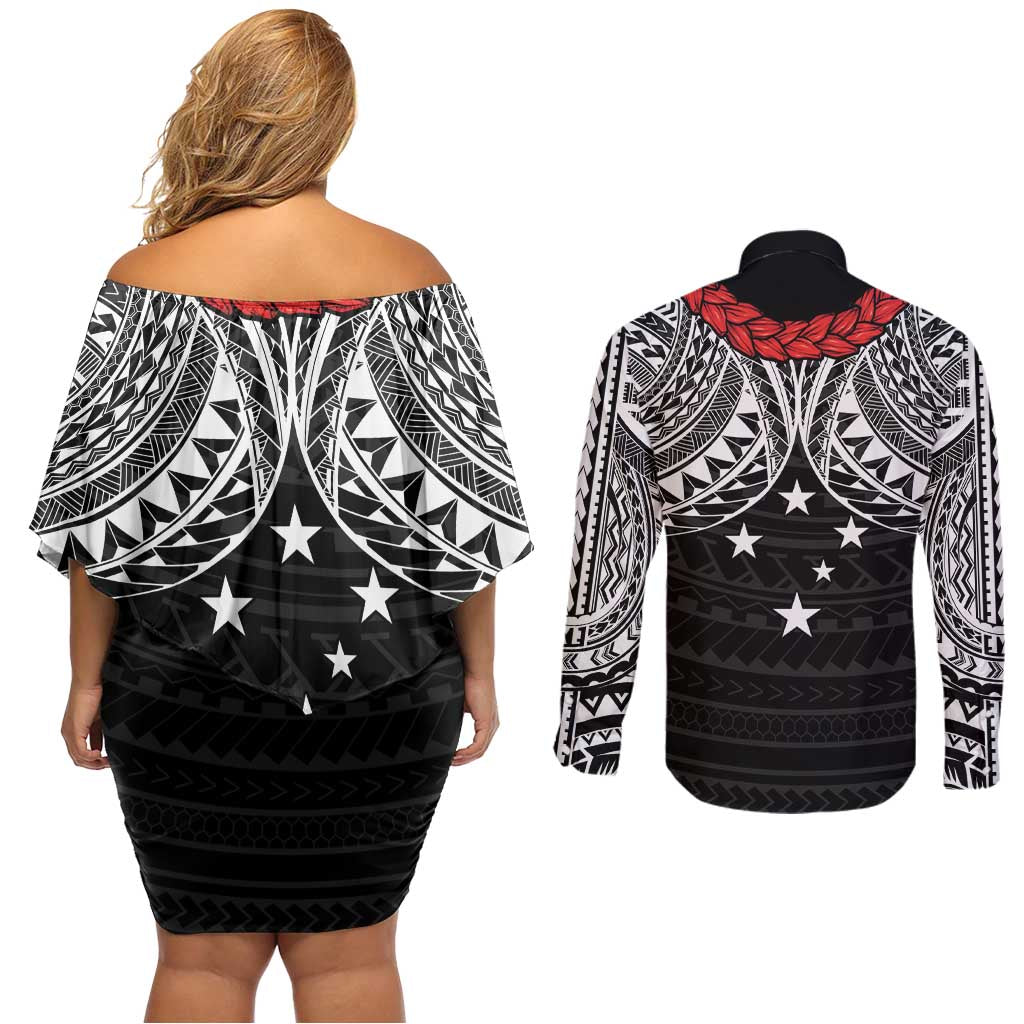 Samoan Tanoa Kava Bowl Ula Fala Couples Matching Off Shoulder Short Dress and Long Sleeve Button Shirt Polynesian Tribal Vibe