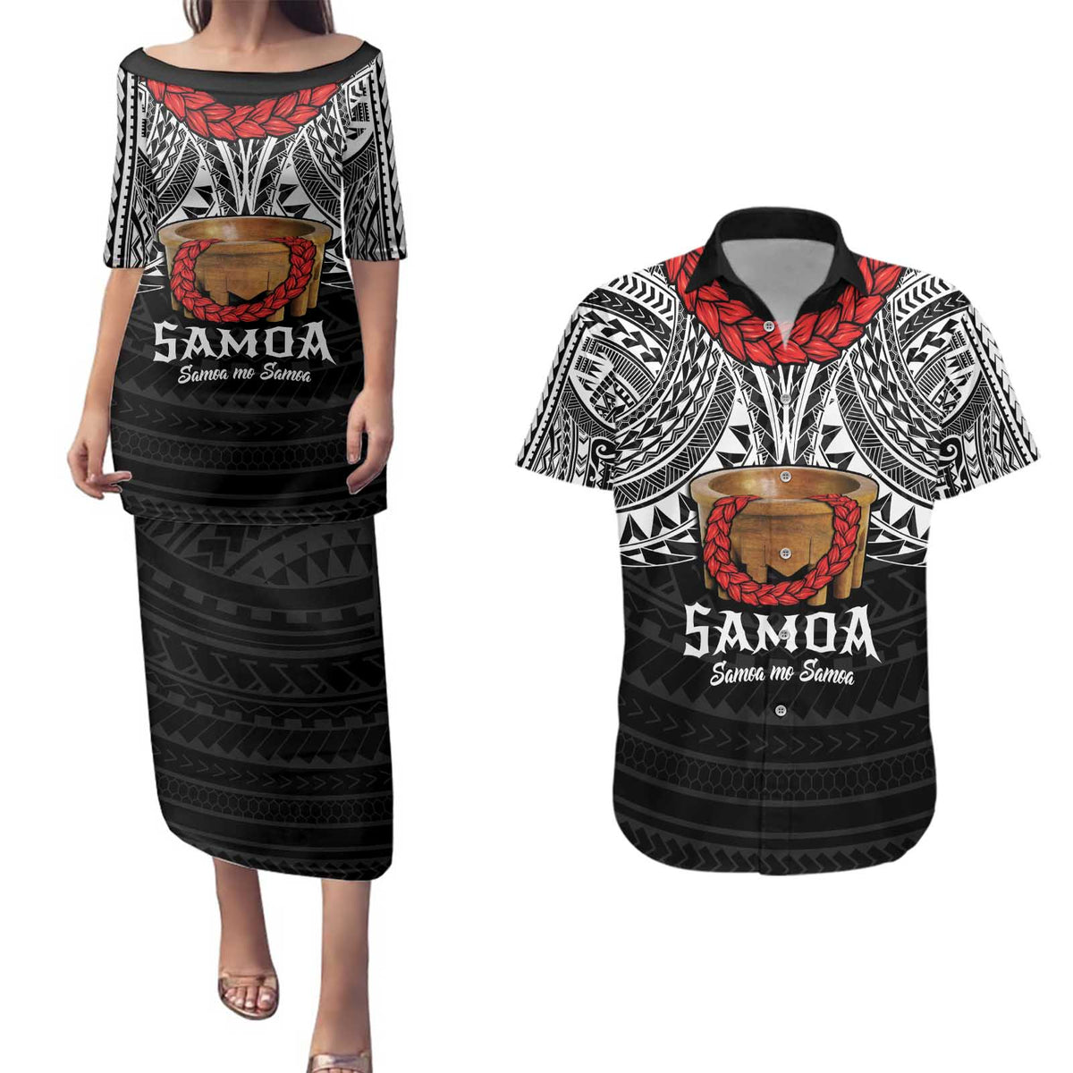 Samoan Tanoa Kava Bowl Ula Fala Couples Matching Puletasi and Hawaiian Shirt Polynesian Tribal Vibe