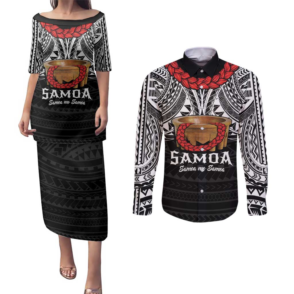 Samoan Tanoa Kava Bowl Ula Fala Couples Matching Puletasi and Long Sleeve Button Shirt Polynesian Tribal Vibe