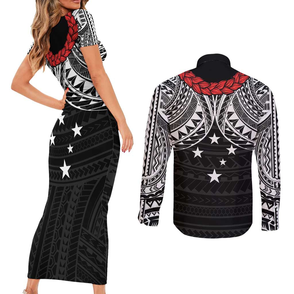 Samoan Tanoa Kava Bowl Ula Fala Couples Matching Short Sleeve Bodycon Dress and Long Sleeve Button Shirt Polynesian Tribal Vibe