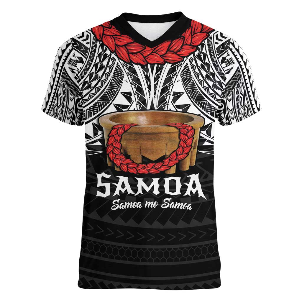 Samoan Tanoa Kava Bowl Ula Fala Women V-Neck T-Shirt Polynesian Tribal Vibe