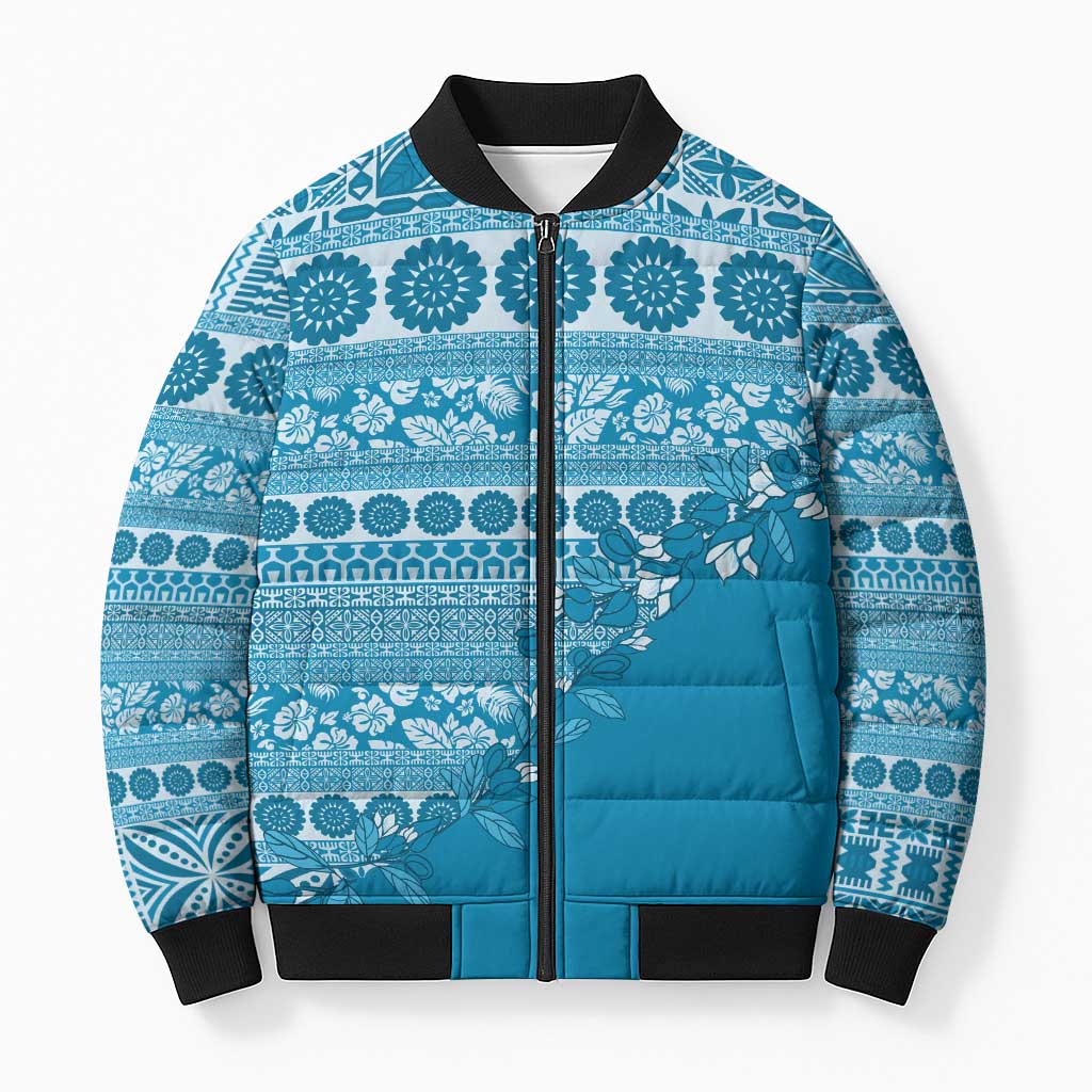 Fiji Marau na Kerisimasi Bomber Puffer Jacket Aqua Tagimoucia Tapa Masi Tribal LT9 Unisex Aqua - Polynesian Pride