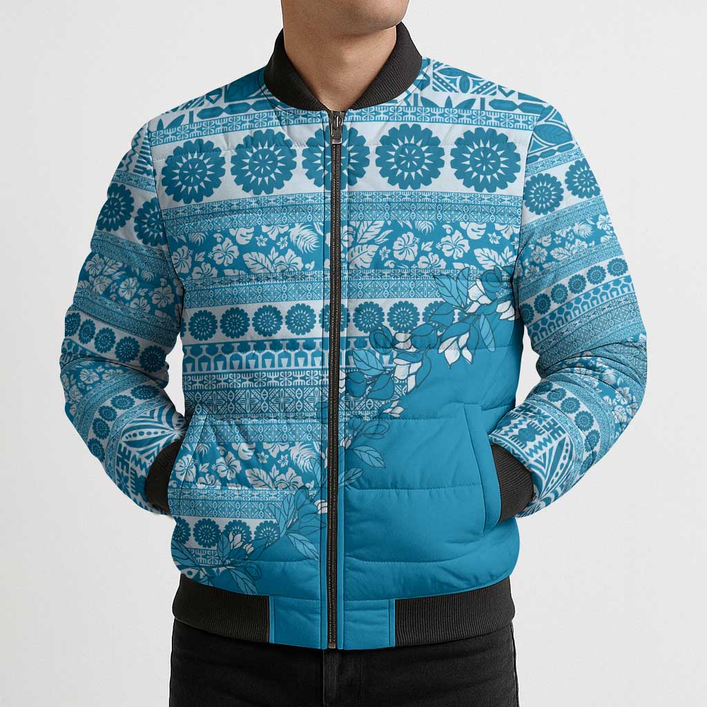 Fiji Marau na Kerisimasi Bomber Puffer Jacket Aqua Tagimoucia Tapa Masi Tribal LT9 - Polynesian Pride