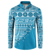 Fiji Marau na Kerisimasi Button Sweatshirt Aqua Tagimoucia Tapa Masi Tribal LT9 Aqua - Polynesian Pride