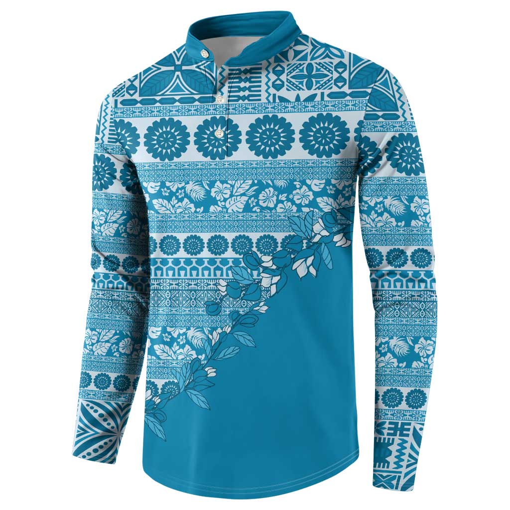 Fiji Marau na Kerisimasi Button Sweatshirt Aqua Tagimoucia Tapa Masi Tribal LT9 - Polynesian Pride