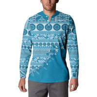 Fiji Marau na Kerisimasi Button Sweatshirt Aqua Tagimoucia Tapa Masi Tribal LT9 - Polynesian Pride