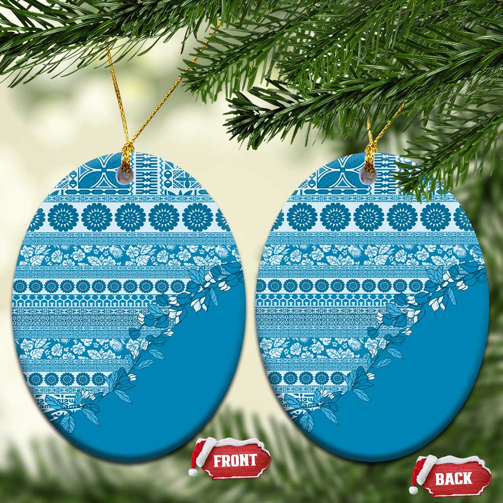 Fiji Marau na Kerisimasi Ceramic Ornament Aqua Tagimoucia Tapa Masi Tribal LT9 Oval Aqua - Polynesian Pride