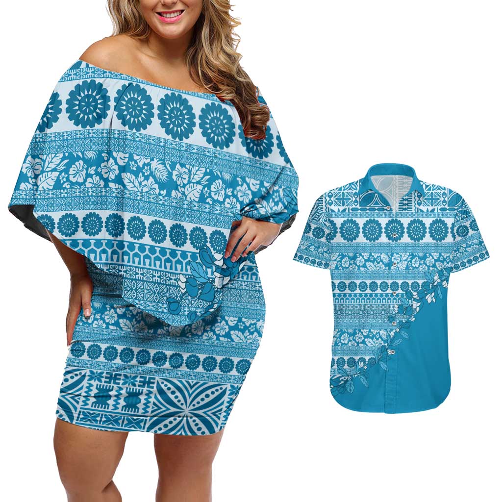 Fiji Marau na Kerisimasi Couples Matching Off Shoulder Short Dress and Hawaiian Shirt Aqua Tagimoucia Tapa Masi Tribal - Polynesian Pride