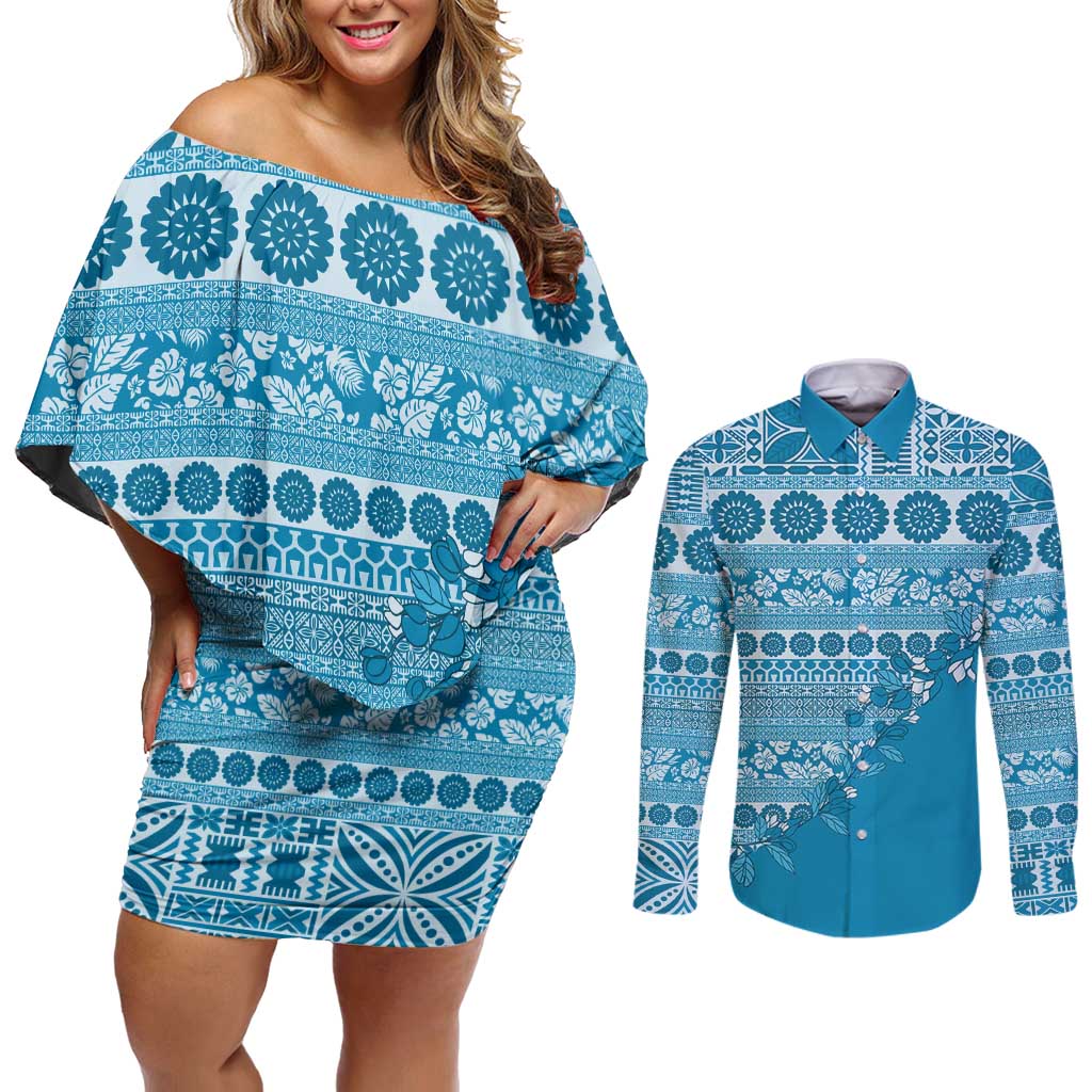 Fiji Marau na Kerisimasi Couples Matching Off Shoulder Short Dress and Long Sleeve Button Shirt Aqua Tagimoucia Tapa Masi Tribal - Polynesian Pride