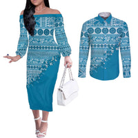Fiji Marau na Kerisimasi Couples Matching Off The Shoulder Long Sleeve Dress and Long Sleeve Button Shirt Aqua Tagimoucia Tapa Masi Tribal - Polynesian Pride