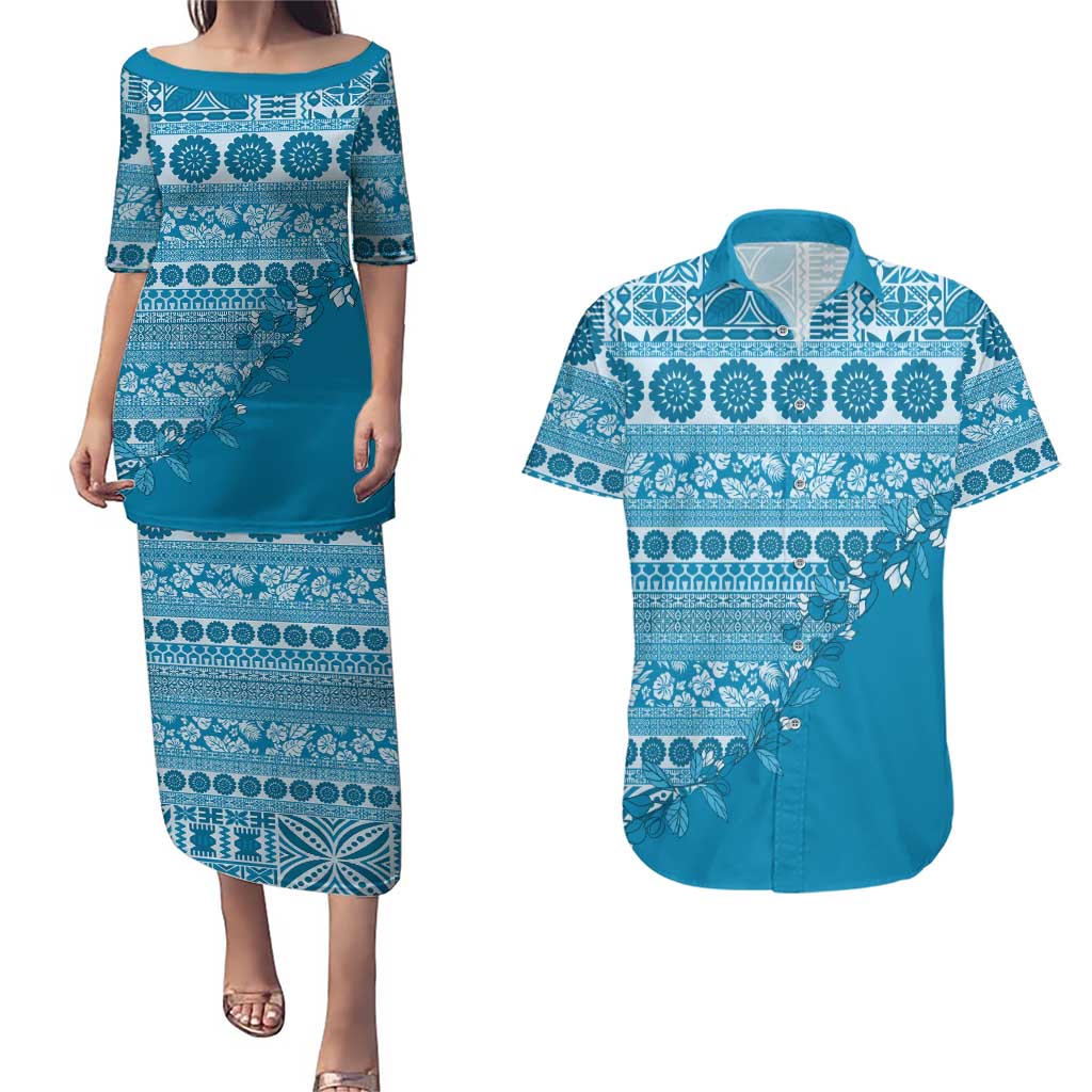 Fiji Marau na Kerisimasi Couples Matching Puletasi and Hawaiian Shirt Aqua Tagimoucia Tapa Masi Tribal - Polynesian Pride