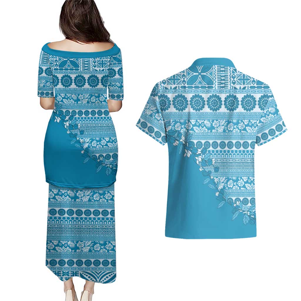 Fiji Marau na Kerisimasi Couples Matching Puletasi and Hawaiian Shirt Aqua Tagimoucia Tapa Masi Tribal - Polynesian Pride