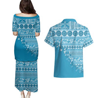 Fiji Marau na Kerisimasi Couples Matching Puletasi and Hawaiian Shirt Aqua Tagimoucia Tapa Masi Tribal - Polynesian Pride