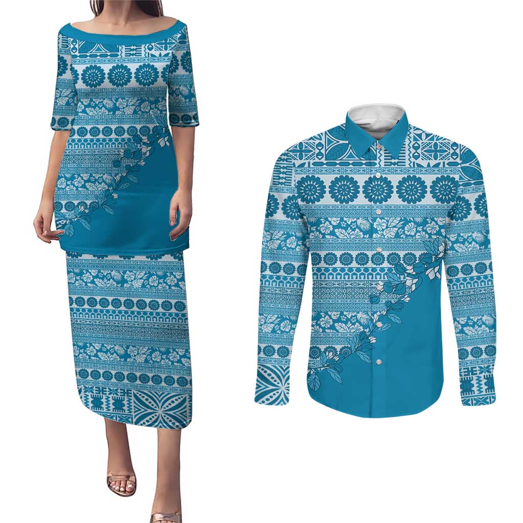 Fiji Marau na Kerisimasi Couples Matching Puletasi and Long Sleeve Button Shirt Aqua Tagimoucia Tapa Masi Tribal - Polynesian Pride