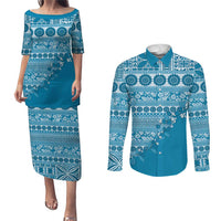 Fiji Marau na Kerisimasi Couples Matching Puletasi and Long Sleeve Button Shirt Aqua Tagimoucia Tapa Masi Tribal - Polynesian Pride