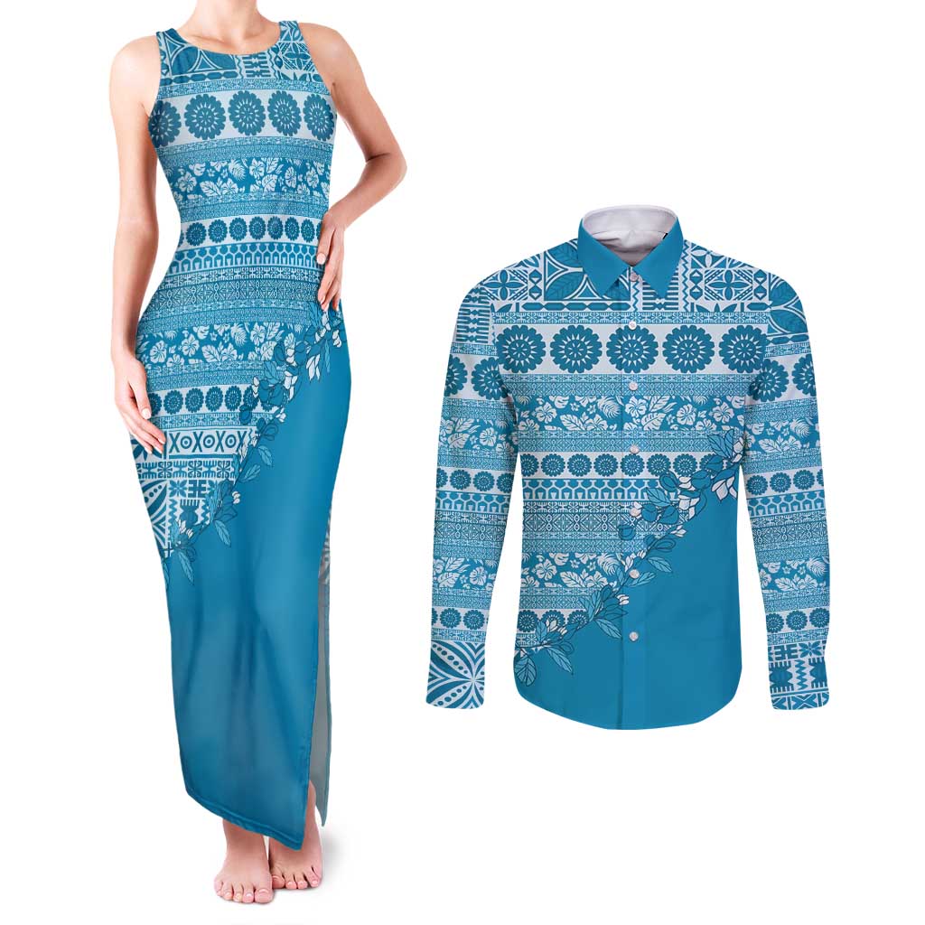 Fiji Marau na Kerisimasi Couples Matching Tank Maxi Dress and Long Sleeve Button Shirt Aqua Tagimoucia Tapa Masi Tribal - Polynesian Pride