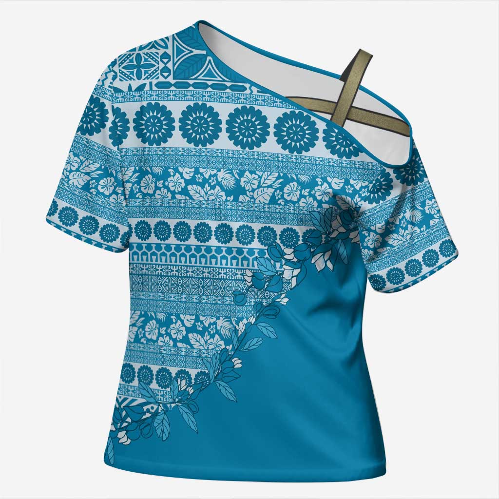 Fiji Marau na Kerisimasi Cross Shoulder Shirt Aqua Tagimoucia Tapa Masi Tribal LT9 Female Aqua - Polynesian Pride