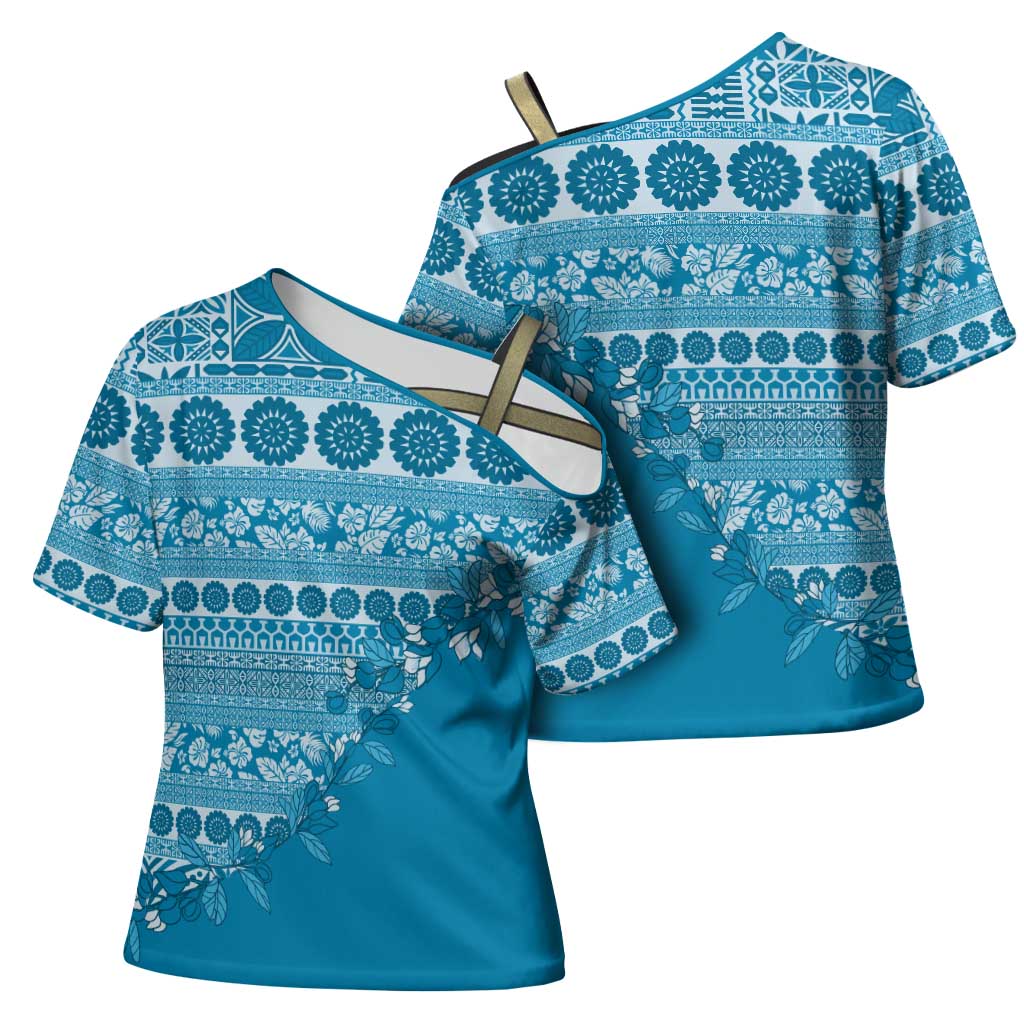 Fiji Marau na Kerisimasi Cross Shoulder Shirt Aqua Tagimoucia Tapa Masi Tribal - Polynesian Pride