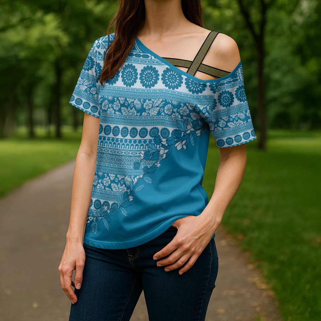 Fiji Marau na Kerisimasi Cross Shoulder Shirt Aqua Tagimoucia Tapa Masi Tribal - Polynesian Pride