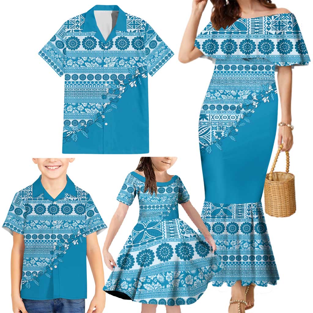 Fiji Marau na Kerisimasi Family Matching Mermaid Dress and Hawaiian Shirt Aqua Tagimoucia Tapa Masi Tribal - Polynesian Pride