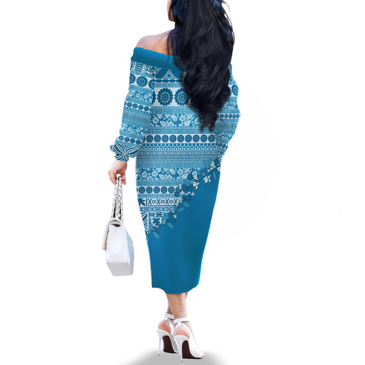 Fiji Marau na Kerisimasi Family Matching Off The Shoulder Long Sleeve Dress and Hawaiian Shirt Aqua Tagimoucia Tapa Masi Tribal - Polynesian Pride